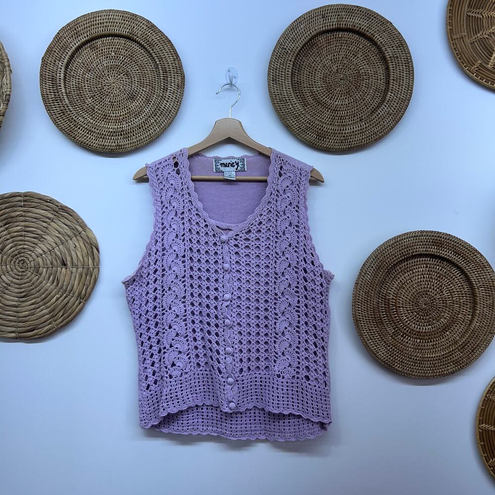 Vintage Marie Y Purple Crochet Lace Tank Top Sweater Vest XL Button Up Granny
